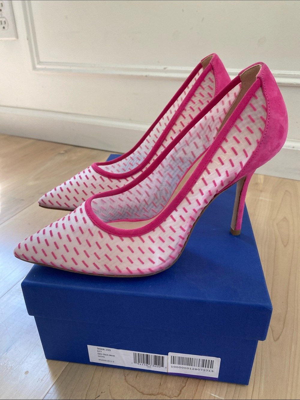 Stuart Weitzman White and Hot Pink Patterned Pointed-Toe Pumps